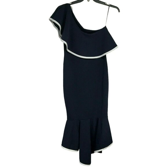 Quiz Nautical One Shoulder Large Collar Mermaid Hem Navy & White Dress Sz 6 NEW - Picture 4 of 8